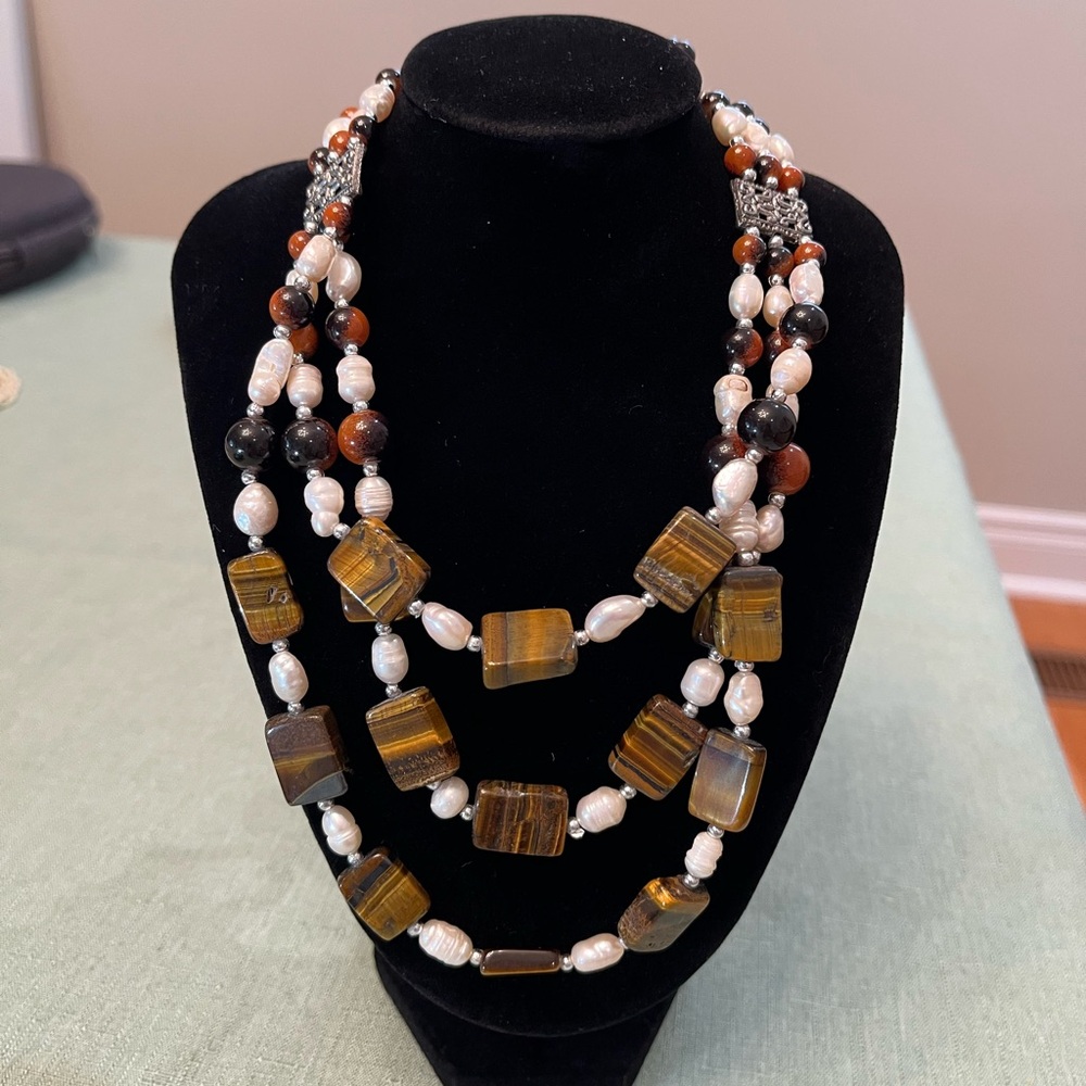 Multicolor genuine tiger-eye Crystal and pearl Beaded Necklace